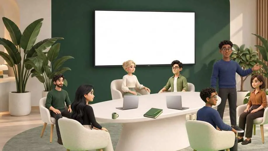 The Planist meeting room: six agents around a table, one of them standing at the screen on the wall. The screen holds the board below.
