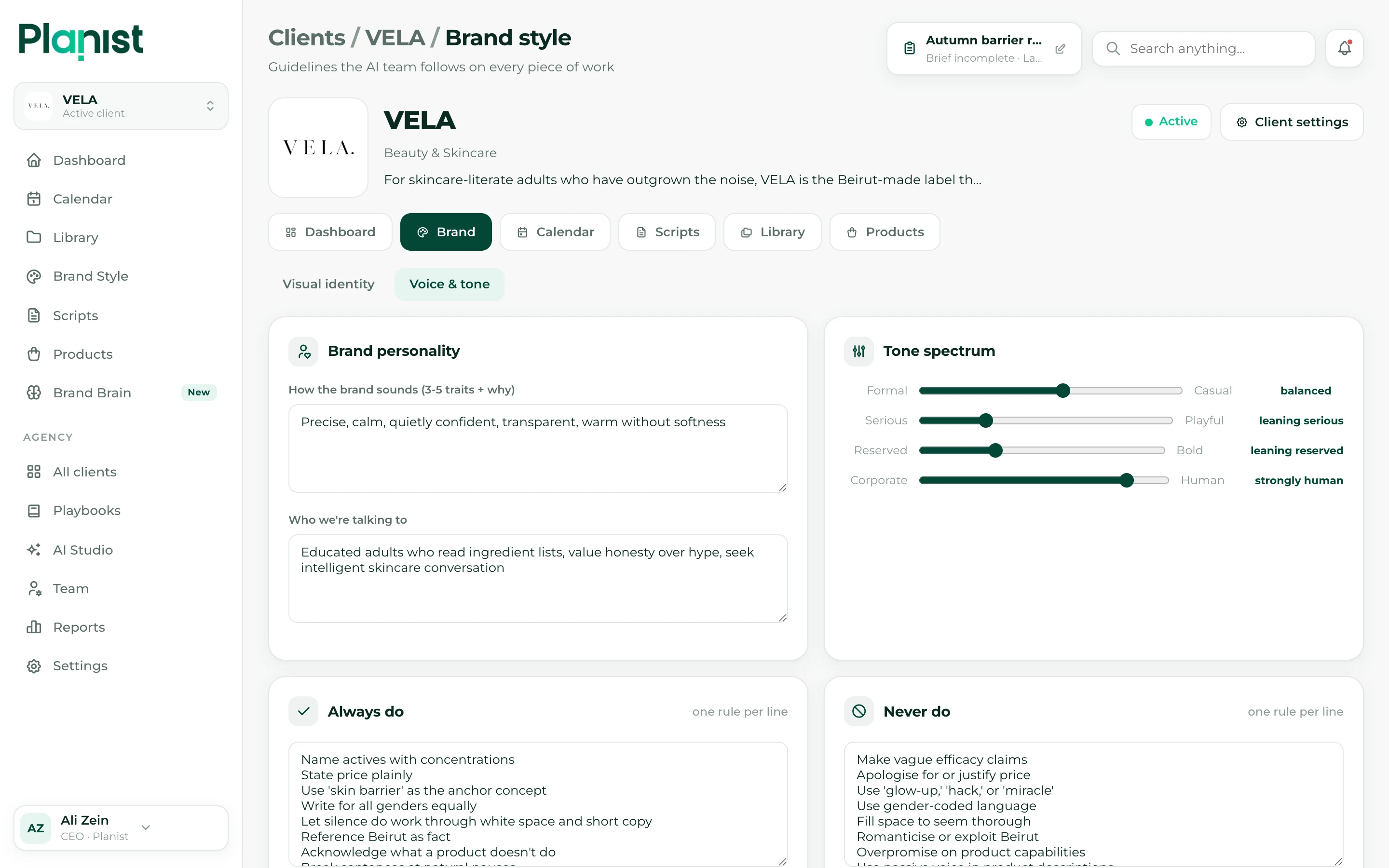 The brand voice Planist wrote from VELA's website at onboarding. VELA is a fictional demonstration brand.