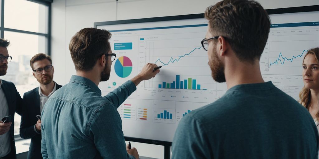 Team of marketers brainstorming content strategy with charts and graphs on a whiteboard.