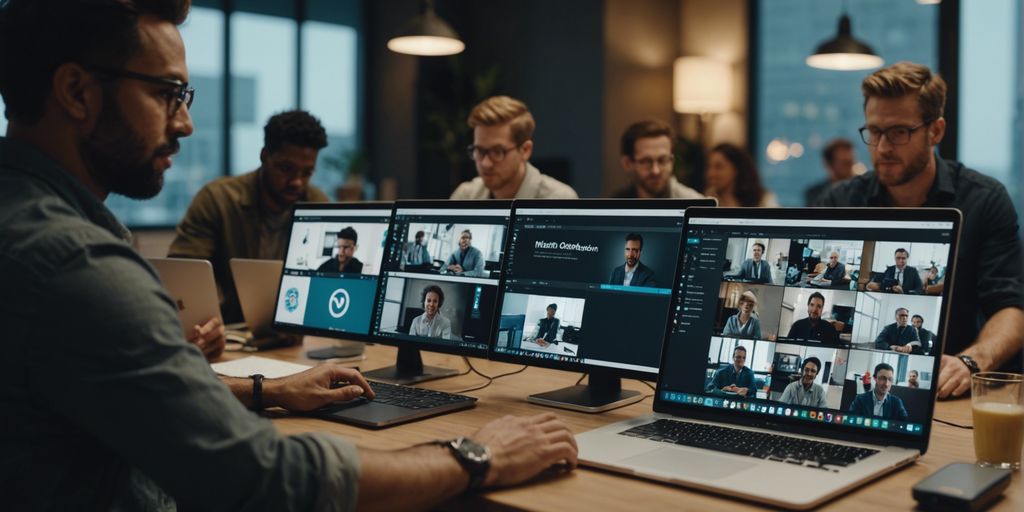 Remote team members using laptops, tablets, and smartphones to collaborate in real-time with icons of popular collaboration tools.