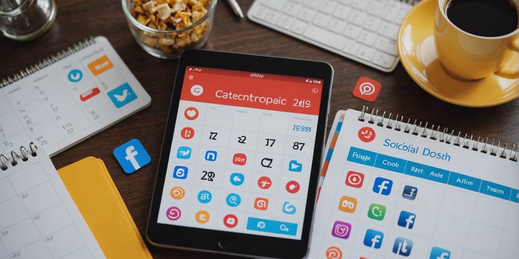 Collage of social media icons, calendar, and checklist representing organized content management strategies.