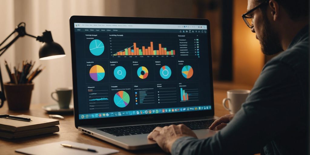 Freelancer working on a laptop surrounded by content strategy icons like graphs, charts, and lightbulbs.