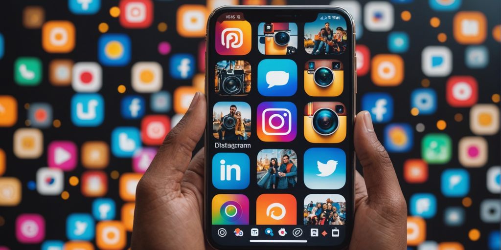 Smartphone with Instagram interface, surrounded by icons for photos, videos, stories, and IGTV, representing content pillars for marketing.