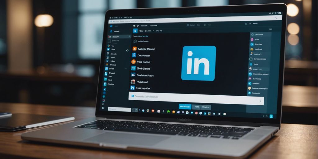 Professional working on laptop with LinkedIn logo and content pillars icons, representing an effective LinkedIn strategy.