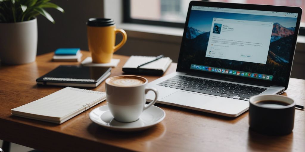 Laptop, notepad, and coffee on a desk representing essential tools for digital marketing content creation.